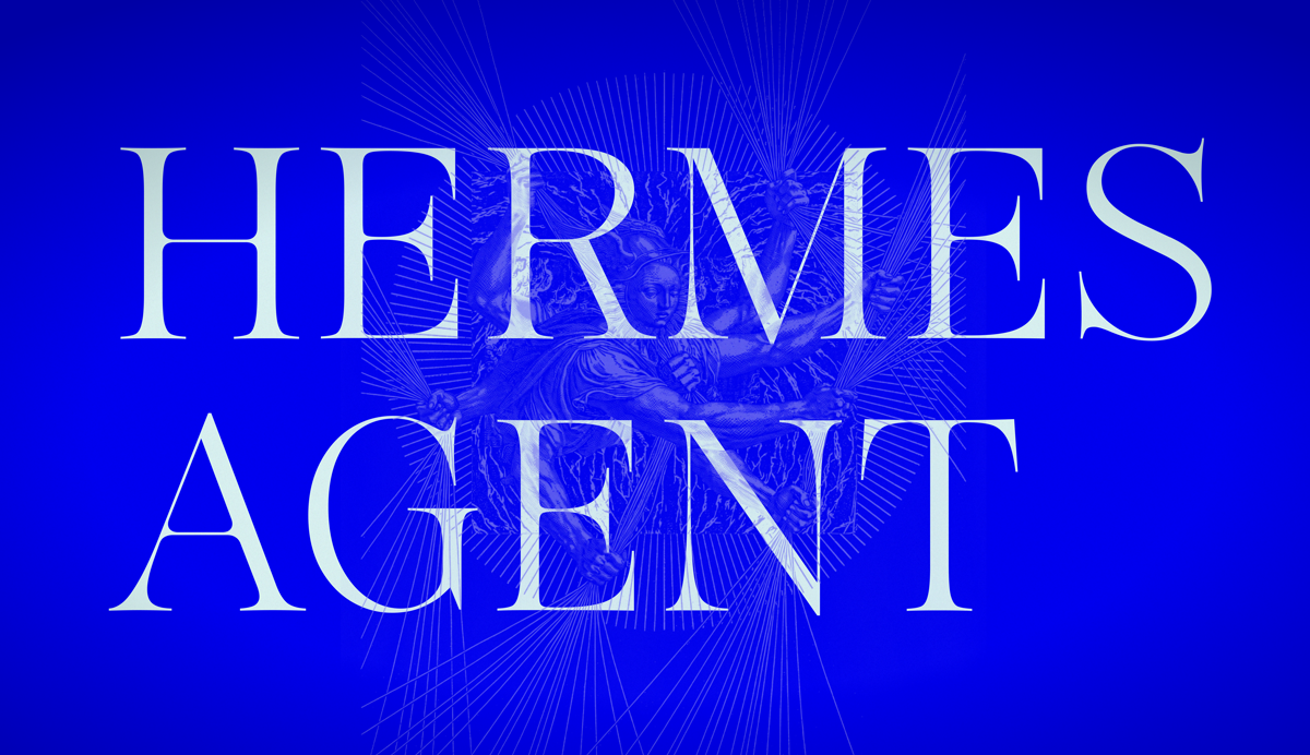 Grafika Hermes Agent — biały napis na niebieskim tle